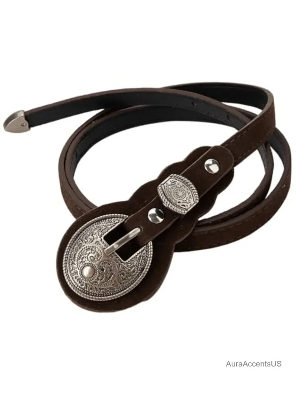Faux Suede Western Concho Belt with Disc Buckle - Skinny Waistband for Country
